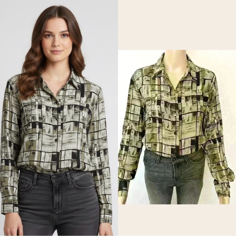 Vintage Boho Artsy Earthy Pattern Oversized Hippie Button Down  Shirt Blouse.